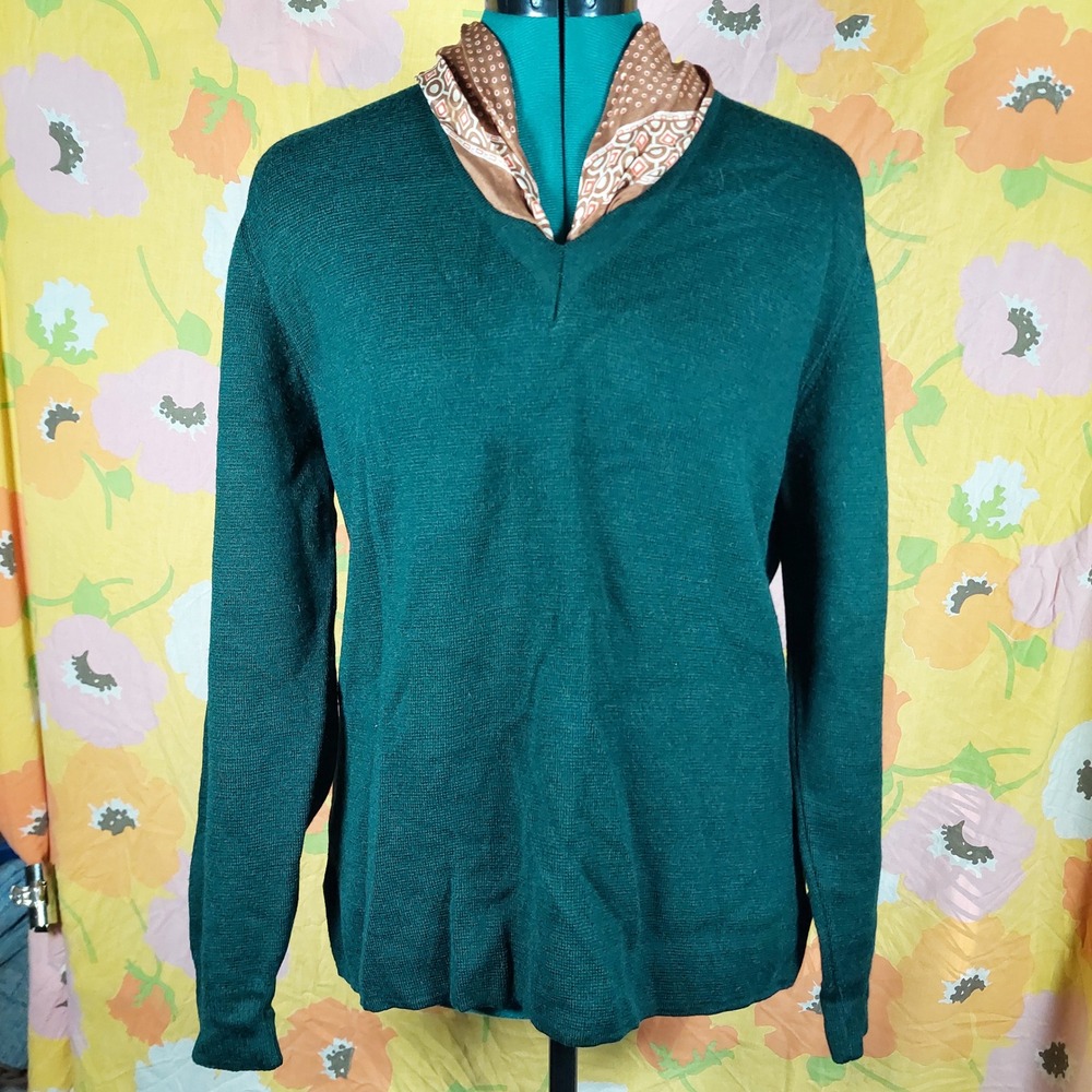 Vintage Smiths Made in Italy Green Wool Blend V-Neck Sweater with Scarf 60s 70s